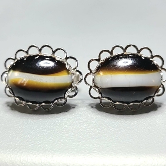 Rare 1960s Cufflinks Banded Agate Silver Alloy Retro Vintage Unique - Picture 2 of 5